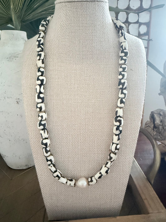 African Batik & Pearl Necklace